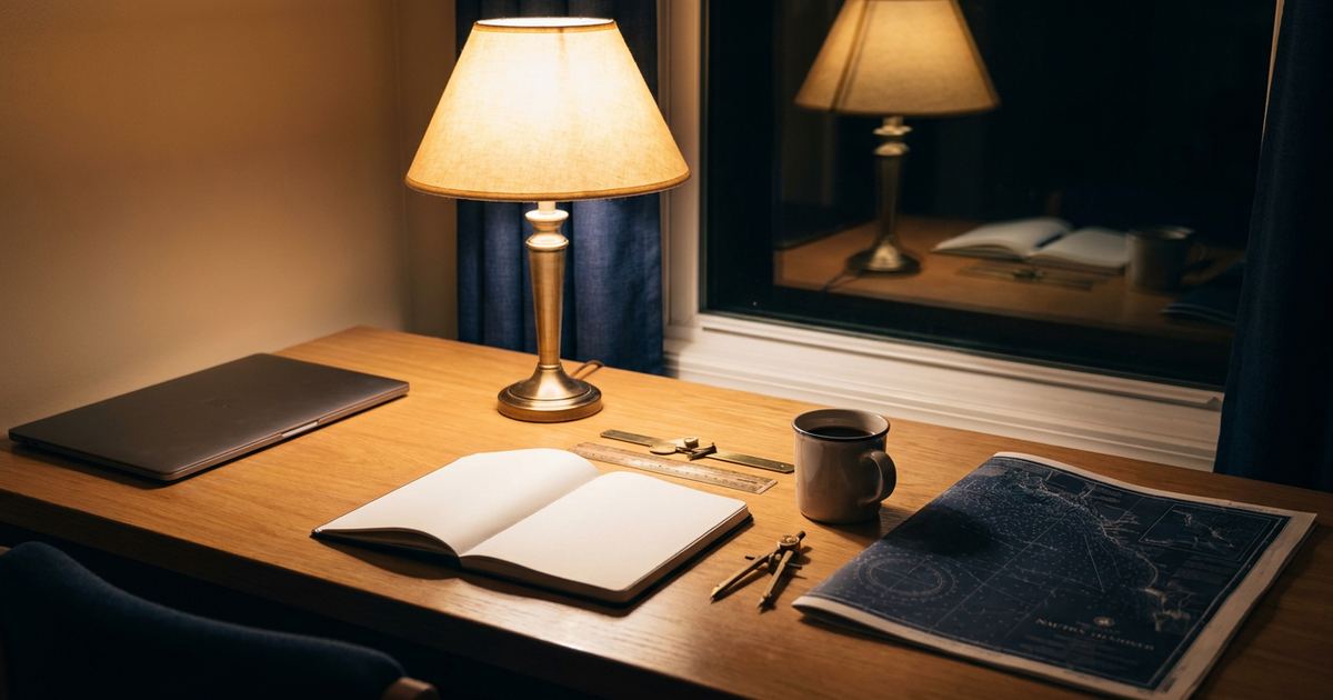 Schreibtisch am Abend mit Leselampe, offenem Notizbuch, Kaffeetasse, Parallellineal, Zirkel und einer aufgeschlagenen Seekarte.