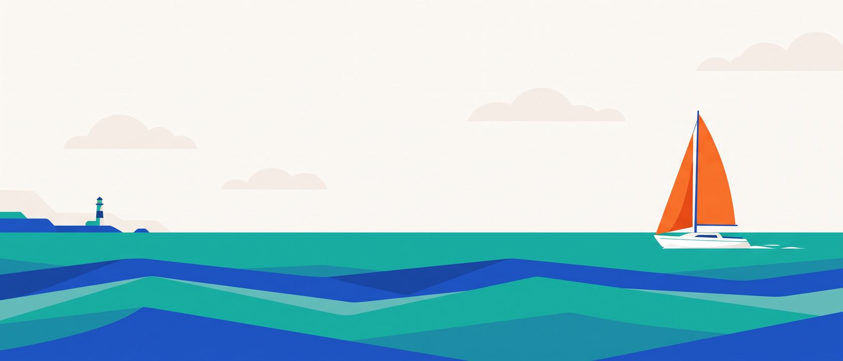 Stilisierte Küstenlandschaft: ruhige See in Blau und Türkis, links eine Landzunge mit Leuchtturm, rechts eine Segelyacht mit orangefarbenem Segel.