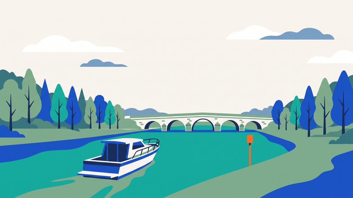 Motorboot auf einem breiten Fluss zwischen bewaldeten Ufern, im Hintergrund eine flache Steinbogenbrücke.