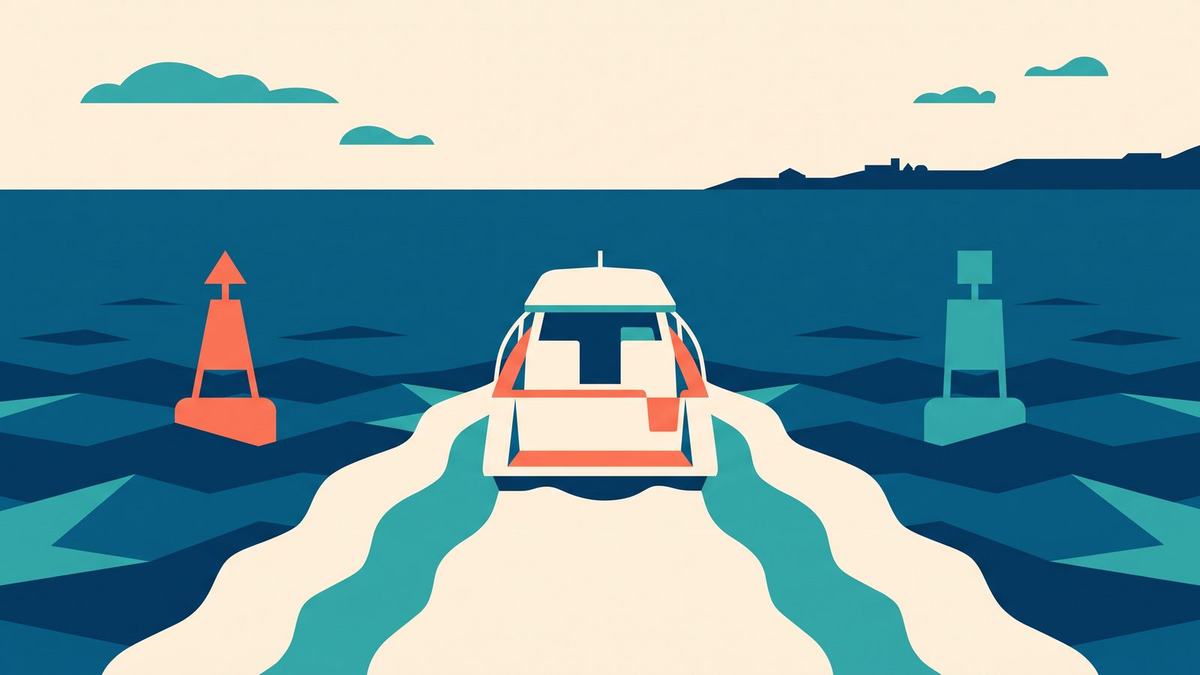 Motorboot von achtern, das zwischen zwei Fahrwassertonnen auf die offene See hinausfährt; im Hintergrund eine flache Küstenlinie.