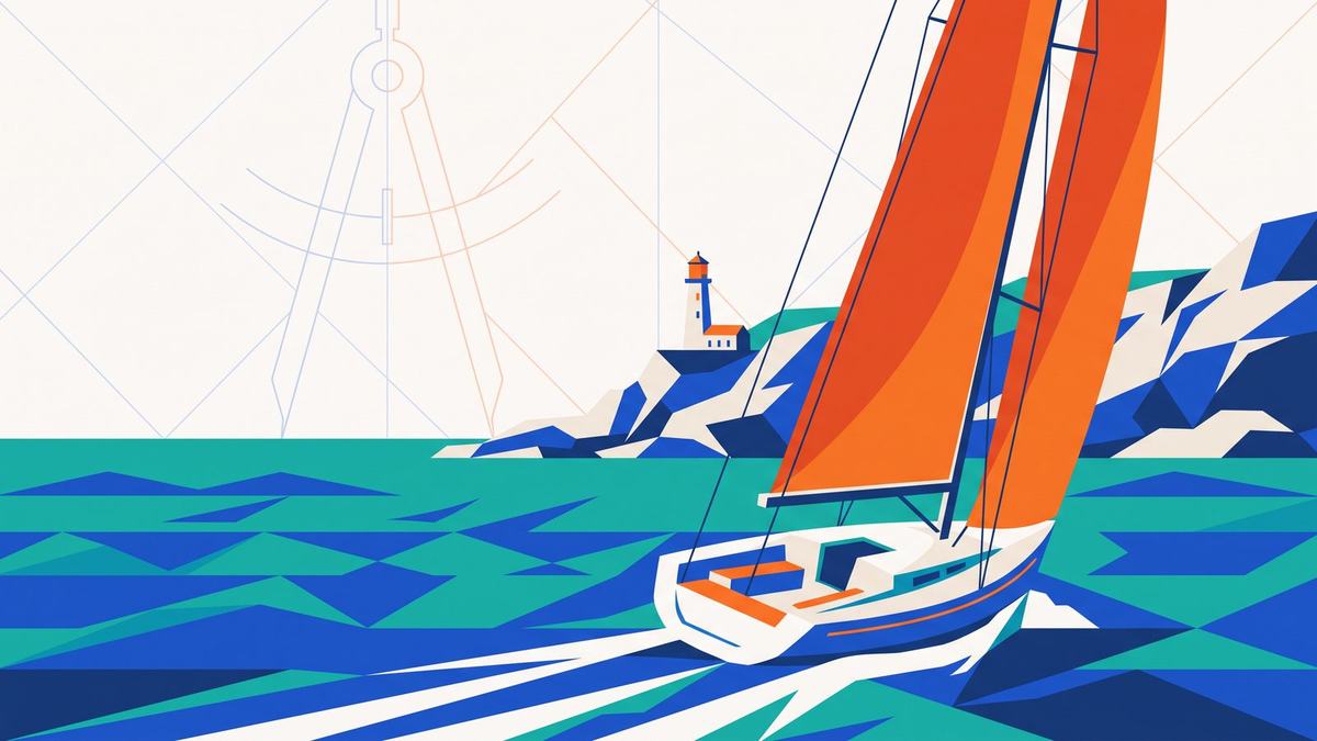 Segelyacht mit orangefarbenem Großsegel unter Krängung vor einer felsigen Landzunge mit Leuchtturm.
