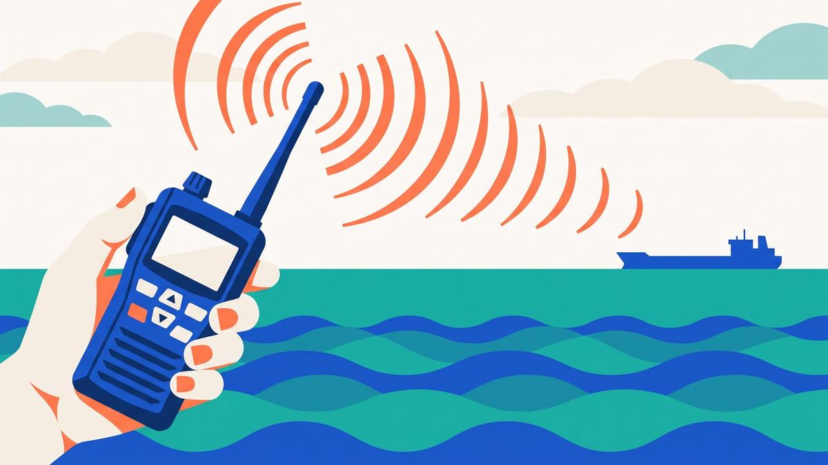 Hand mit einem UKW-Seefunkgerät, von dessen Antenne stilisierte Funkwellen ausgehen; im Hintergrund ein Frachtschiff auf See.