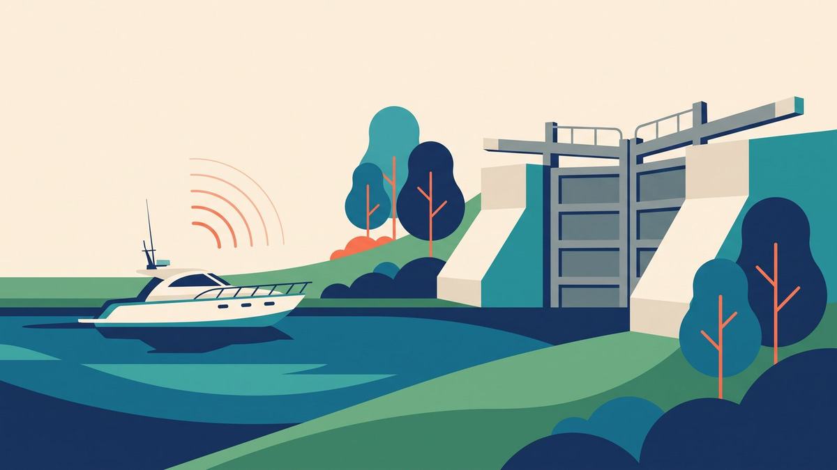 Motoryacht auf einem Binnengewässer vor einem Schleusentor, mit Funkwellen an der Antenne; bewaldetes Ufer.